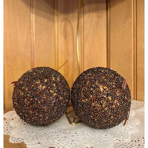 Set Of 2 Beaded Burgundy Purple Christmas Bulbs Balls Ornaments Silk Flower - Picture 5 of 5